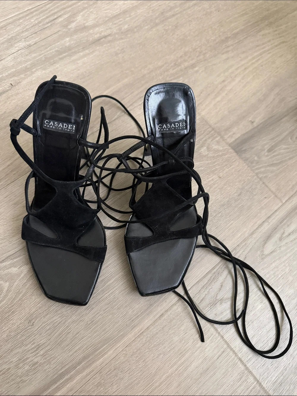 Casadei Black Suede Lace-Up Square Toe Heels